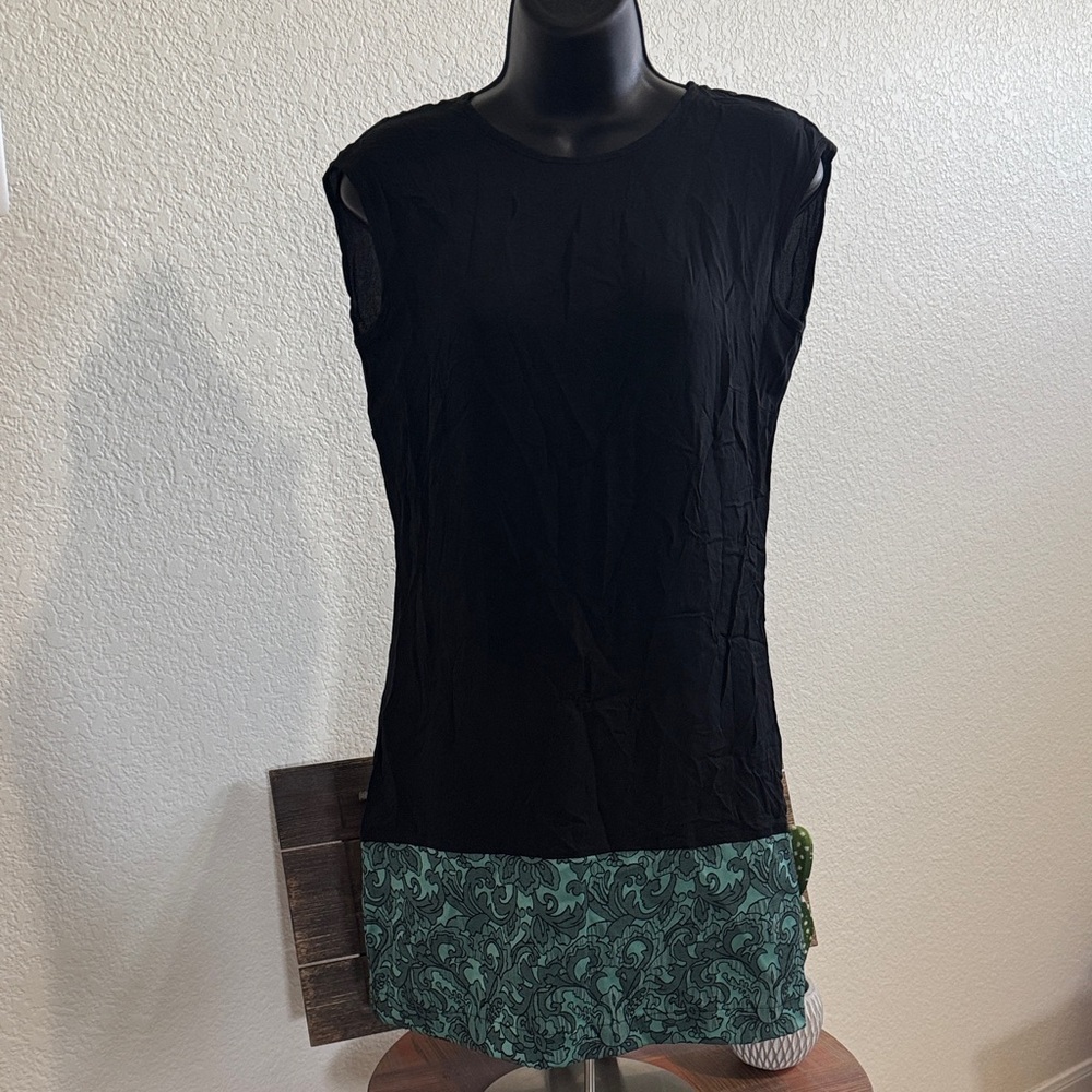Mary Jane Black Sleeveless Dress with Green Printed Hem Size S NWT